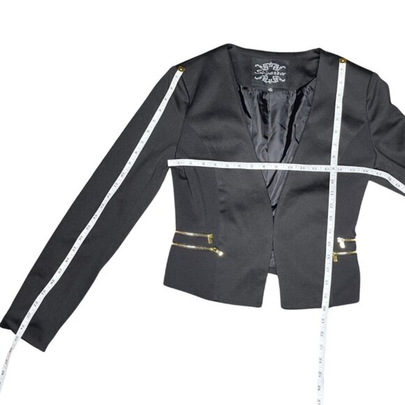 Shinestar Black Cropped Moto Blazer Gold Zipper Accent Open Front Size Large - Picture 5 of 8
